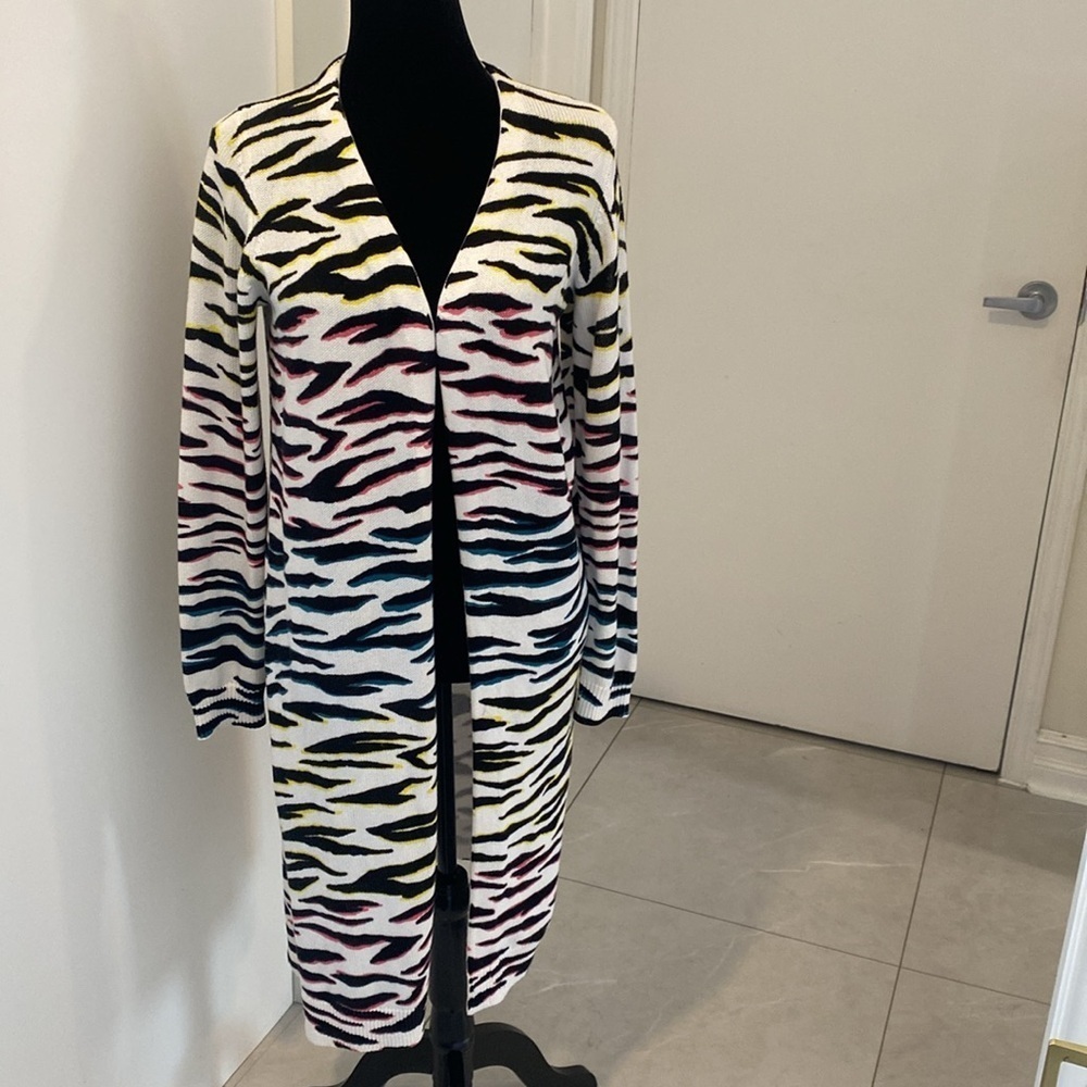 525 America, Zebra Print openfront long sleeved cotton cardigan. Size Small